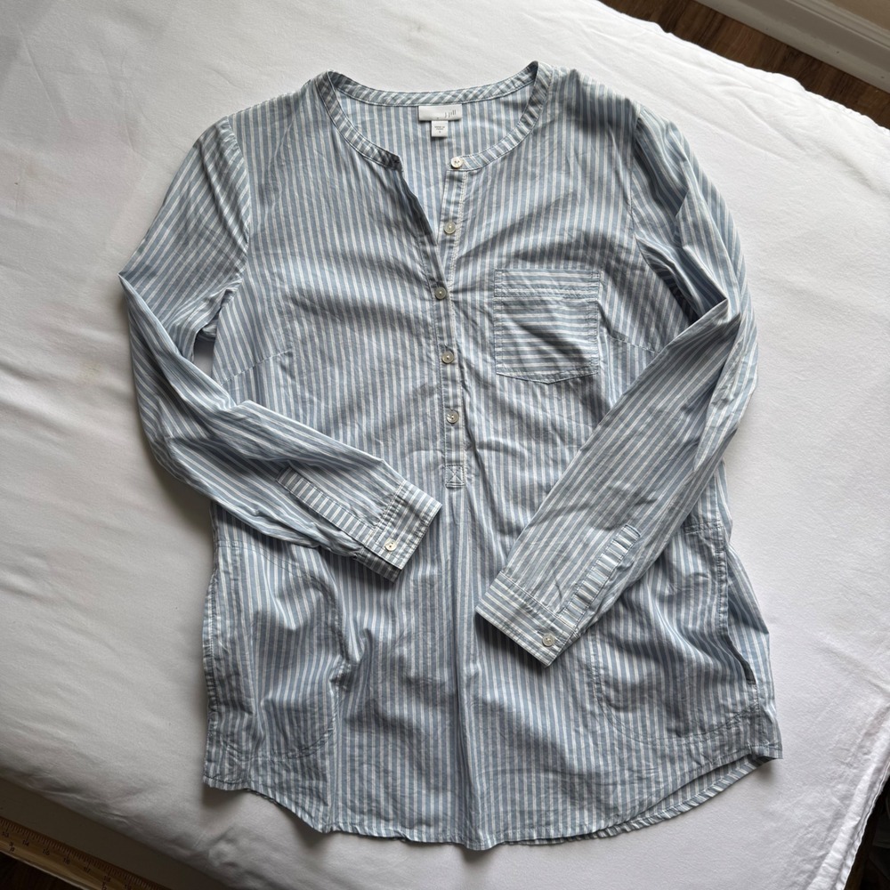 J. Jill Blue White Striped Cotton Tunic Top Button Front Pockets Small WTP083991